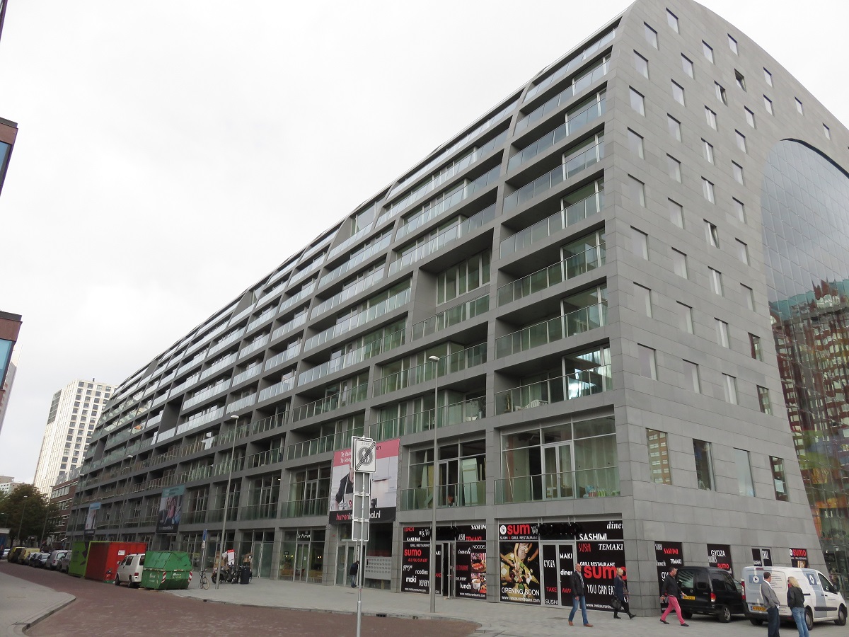 A side view of the apartments, which range from 2 to 5 bedrooms, many with balconies.