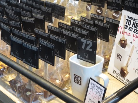 Individual servings of chocolate, hazelnut, dark and much more, are ready to be dropped into steaming mugs of milk.