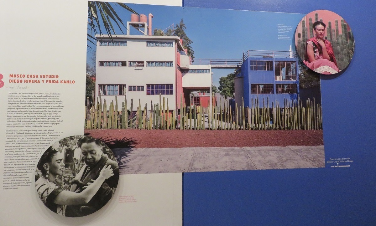 Now the Museo Frida Kahlo in Coyoácan, a suburb of Mexico City, the Casa Azul (the blue building) was expanded with a studio and bridge connecting the two by Diego Rivera to give Frida more space for her work. Note the fence of cactus around the property!