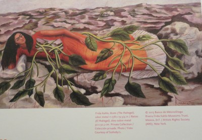 Roots (The Pedregal, 1943) While not in the exhibition, this small work on tin (privately owned) is a strong example of how Frida saw herself as part of the interconnectedness of life. Here her body opens into roots and the plants spread into the desert-like barancas terrain. (© 2015 Banco de México. Diego Rivera Frida Kahlo Museums Trust/Artist Rights Society/NYC. All rights reserved.)