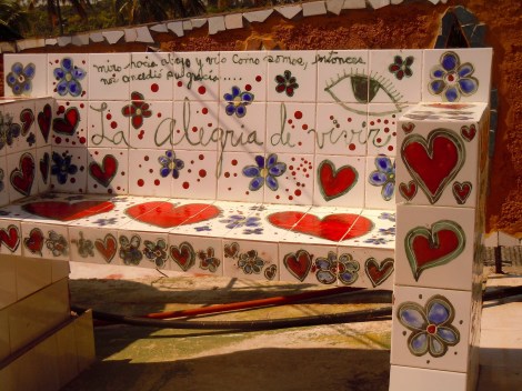 Alegria de Vivir -- a village of 85 buildings covered with ceramic mosaics by the artist in Jaimanitos. 