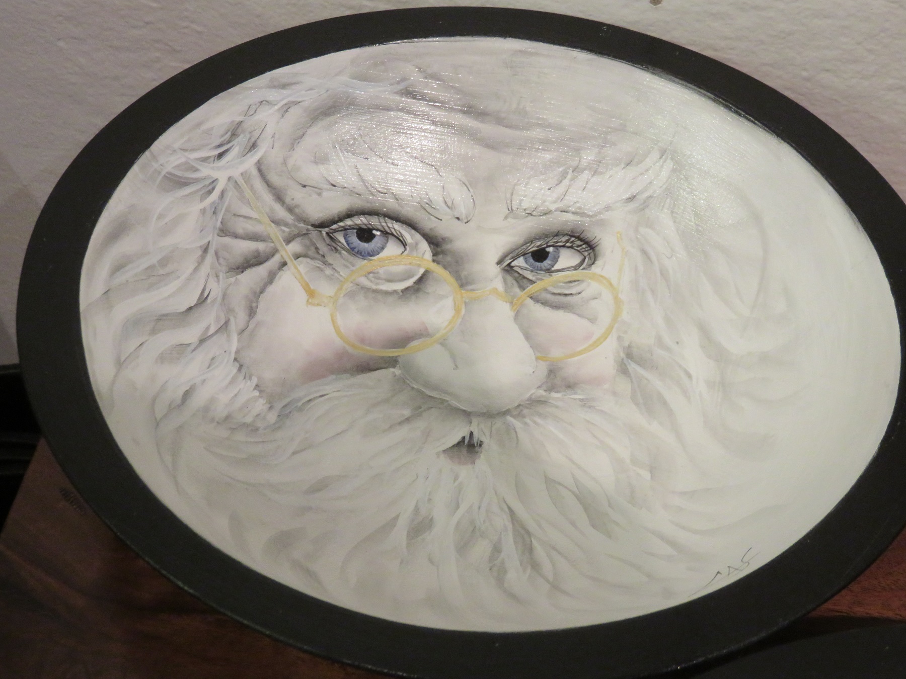 Santa in his reading glasses. Handpainted wooden bowl by Lancaster PA artist Cindy Schlosser. Visit her facebook page to see hundreds of handpainted bowls she has created. https://www.facebook.com/galleryonmarket/