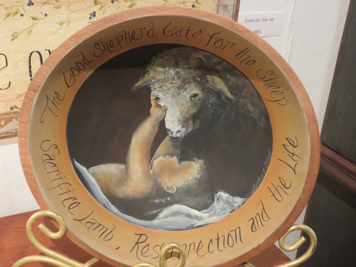 Enfant with lamb. Handpainted wooden bowl by artist Cindy Schlosser, Lancaster PA.