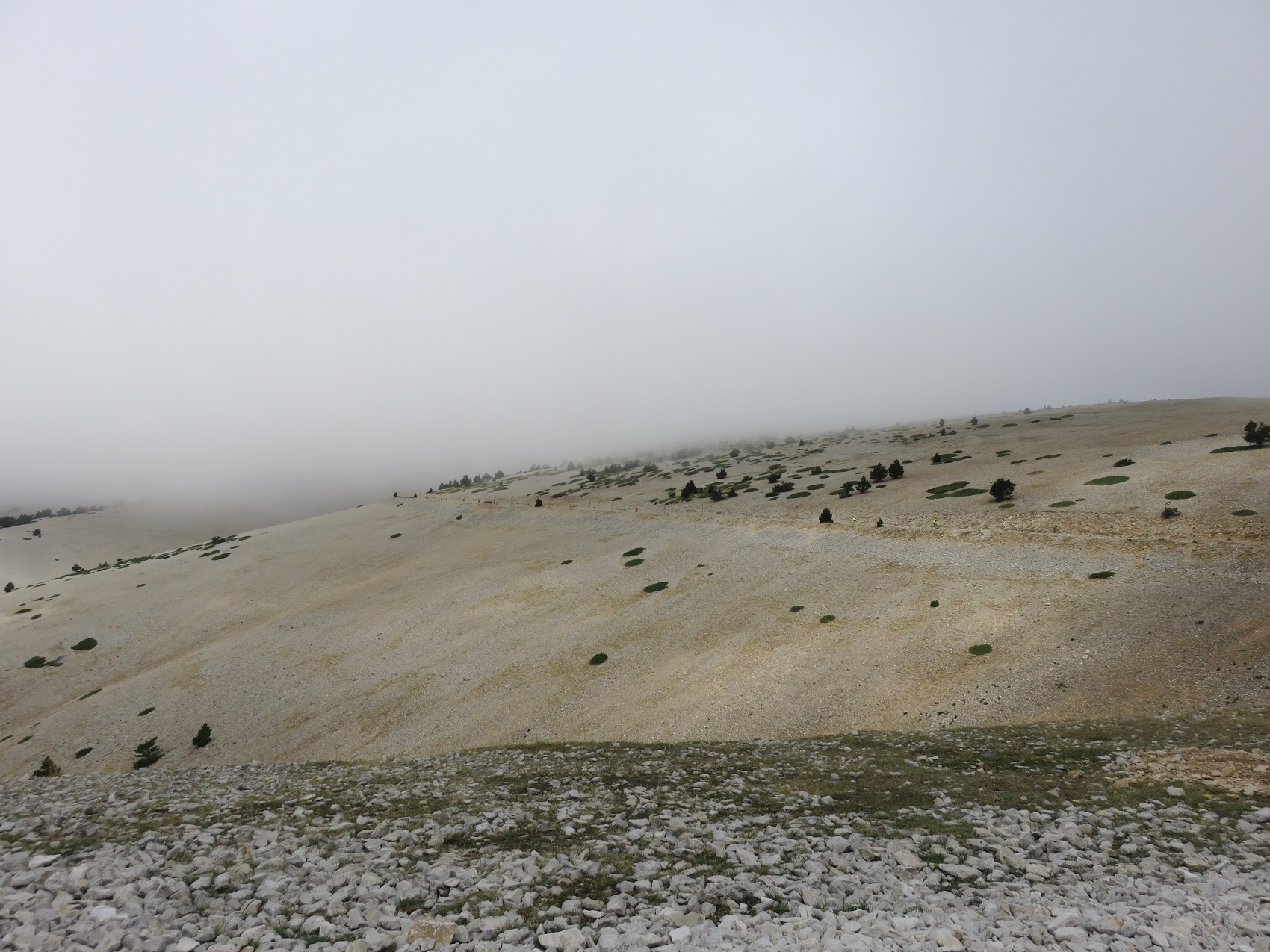 Peak of Mont Ventoux (in the French Vaucluse) is often foggy. The famed road to the peak is part of the annual Tour de France bicycle race. Its appearance is strictly moonscape. (Roberta Faul-Zeitler, CC 3.0)