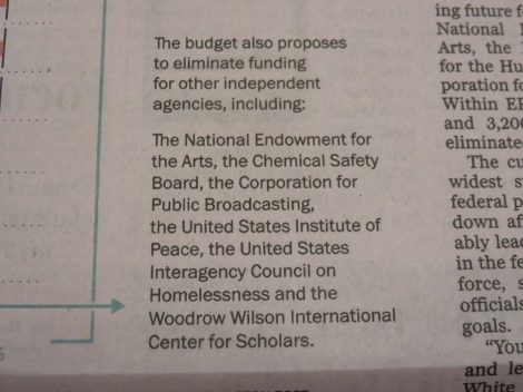 Targeting the arts, humanities, museums, public broadcasting to defund completely. Courtesy of the Washington Post (March 16 2017)
