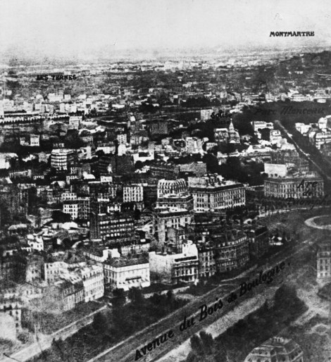 First aerial photograph of Paris at altitude of 520 meters, by Nadar. Courtesy Getty Archive. 
