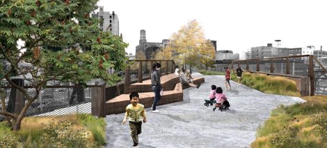 Gathering space as the Rail Park rises over 12th Street. Courtesy of Friends of the Rail Park.