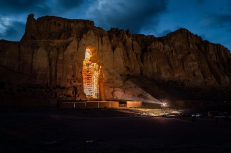 A 3-D representation of the Western Buddha has appeared a few times. The caves and other interior structures are endangered by casual tourists who carve their initials into the walls. Photo by James Huylebroek/NYTimes. All rights reserved.