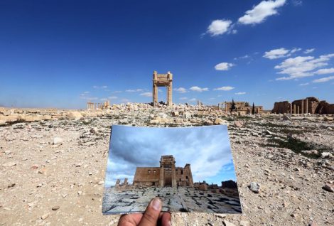 Picture of Palmyra's Temple of Bel before and after its destruction by ISIS. Photo by Joseph Eid AFP/Getty Pictures.