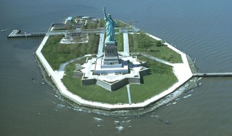 Liberty Island. Courtesy of Wiki Commons. The star-shaped platform was part of a fort later dismantled.f 