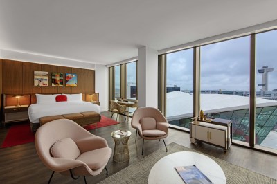 Midcentury modern furnishings adorn the new hotel rooms at TWA Hotel. Photo courtesy of Lubrano Ciavarra Architects