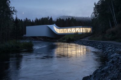 Twisted bridge museum at Kistefos art park near Oslo, Norway. Designed by BIG Bjarke Ingels Group. Courtesy of Archinet
