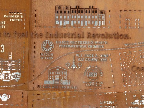 Steel sculpture "Wall Atlas" of the industrial history of Philadelphia, at the Rail Park (Roberta Faul-Zeitler, CC:3.0)